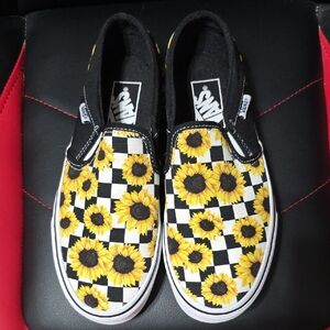Vans Black and White Sunflower Slip-Ons